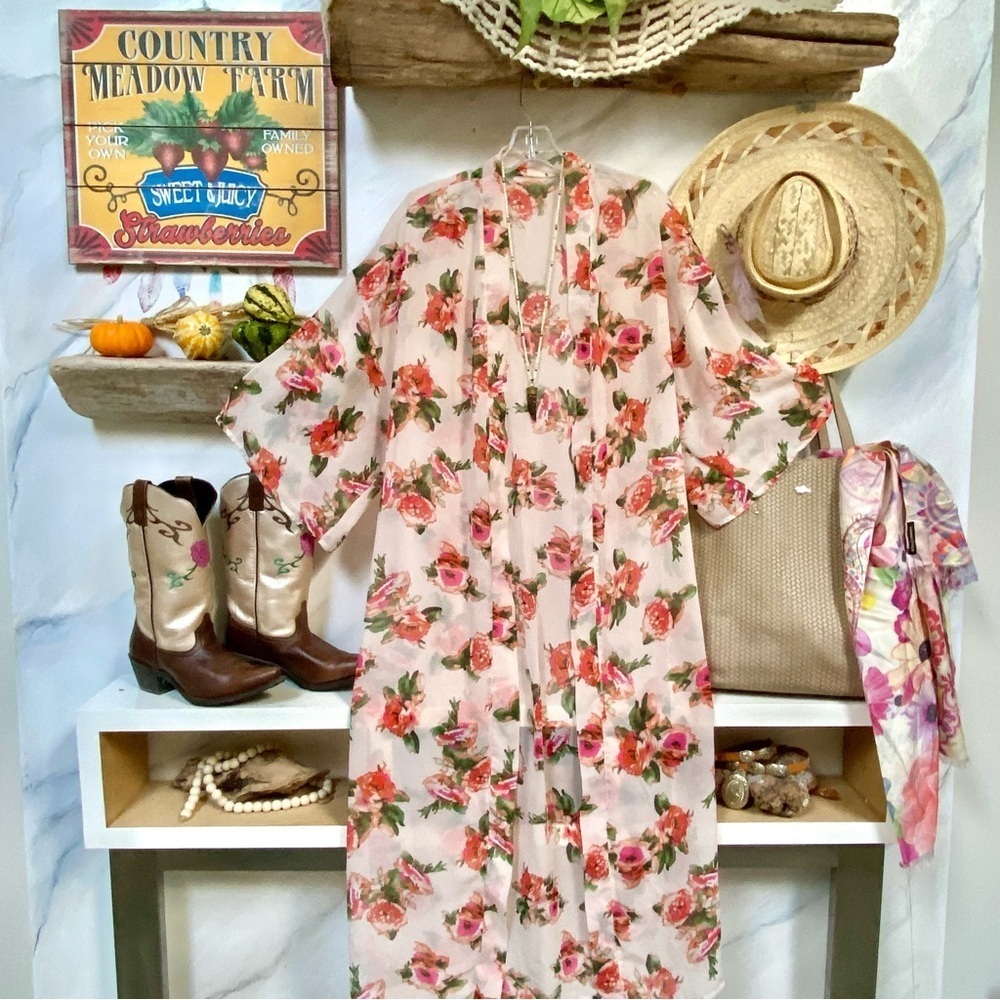 Dreamy floral semi sheer duster / cover up w prairie country shabby chic vibe